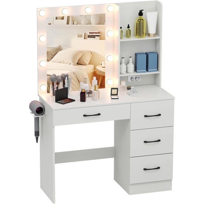 foto del prodotto costway toeletta da trucco con specchio, tavolo da trucco con stazione di ricarica, luci led a 3 colori, tavolo da trucco con 4 cassetti, 2