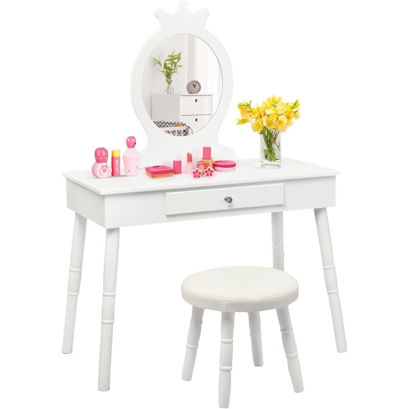 foto del prodotto costway toeletta in legno con specchio per bambini, set tavolo e sedia toeletta per bambini, mobile da trucco con cassetti e sgabello imbottito,