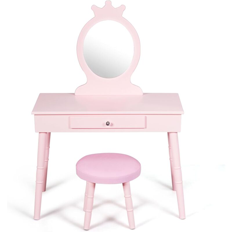 foto del prodotto costway toeletta in legno con specchio per bambini, set tavolo e sedia toeletta per bambini, mobile da trucco con cassetti e sgabello imbottito,
