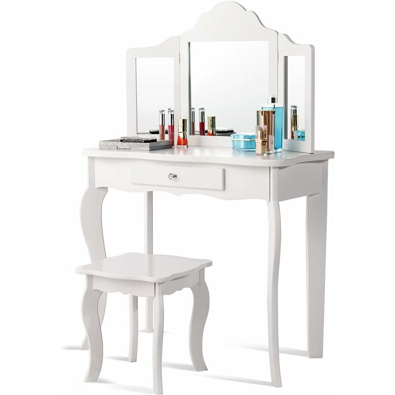 foto del prodotto costway toeletta in legno per bambini 3 specchio e sgabello, set toeletta multifunzionale con parte superiore rimovibile, bianco