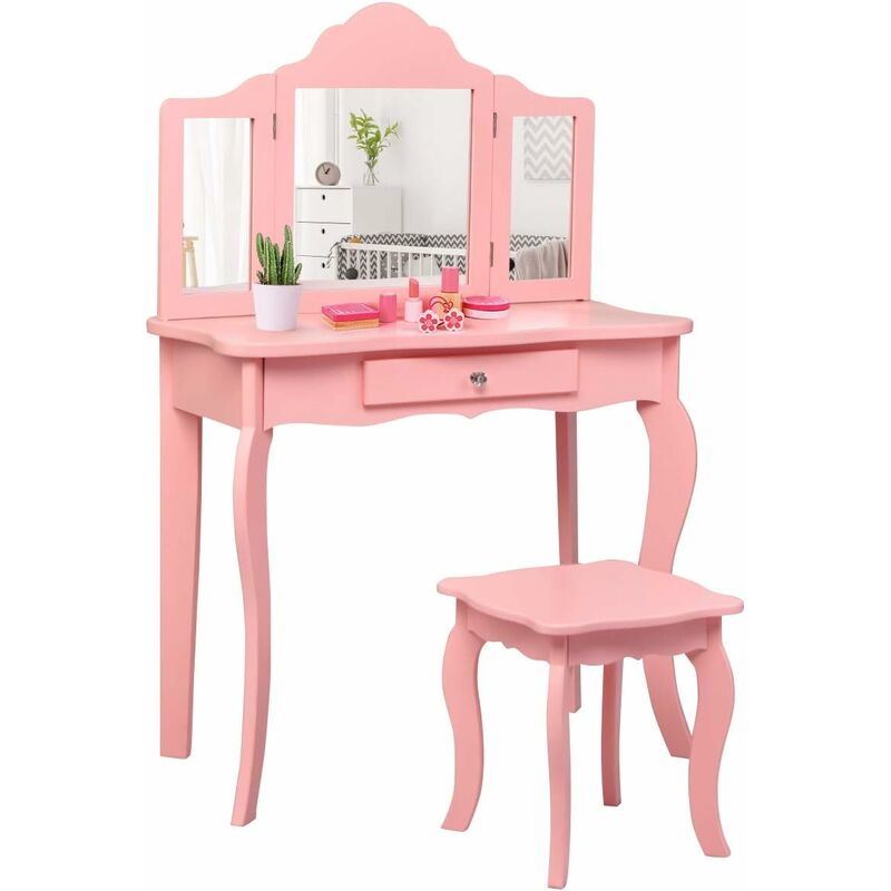 foto del prodotto costway toeletta in legno per bambini 3 specchio e sgabello, set toeletta multifunzionale con parte superiore rimovibile, rosa