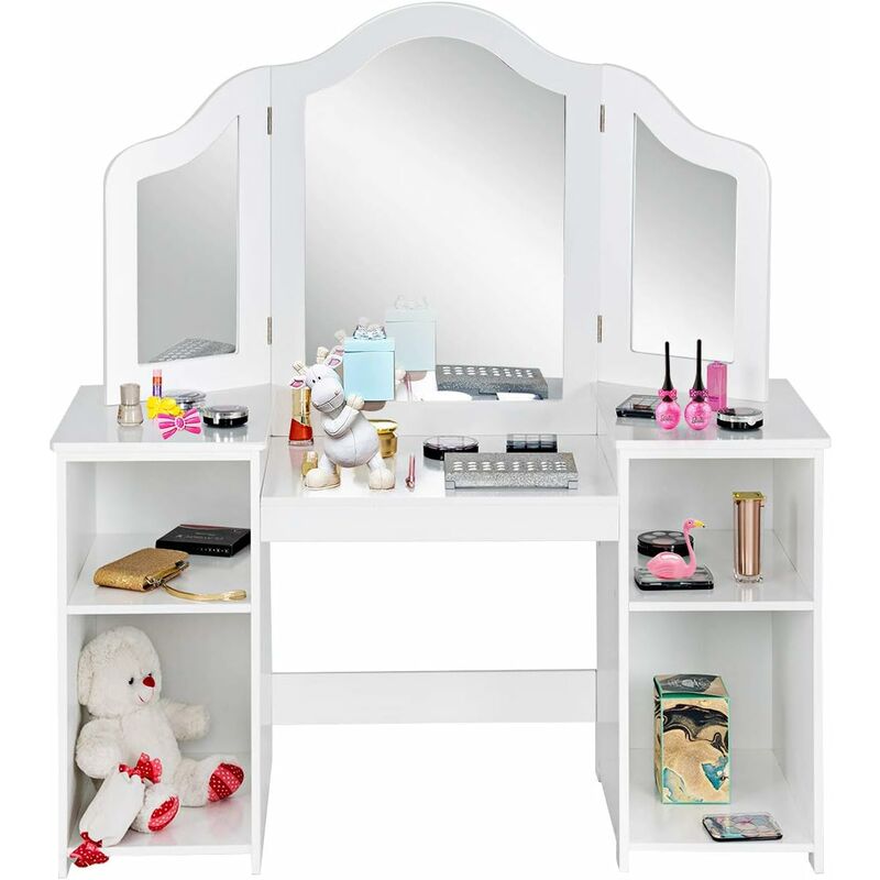 foto del prodotto costway toeletta per bambini in legno, design smontabile 2 in 1, mobile da trucco stile principessa con 4 mensole e specchio, mobile per il trucco