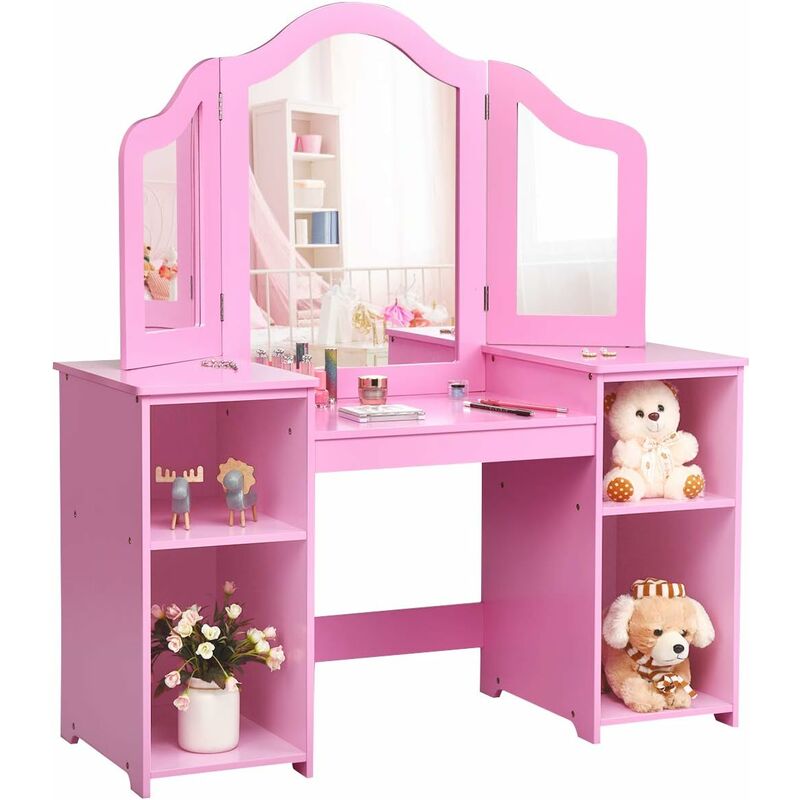 foto del prodotto costway toeletta per bambini in legno design smontabile 2 in 1, mobile da trucco stile principessa con 4 mensole e specchio, rosa