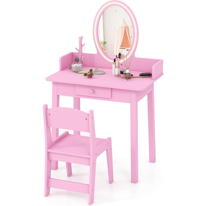 foto del prodotto costway toeletta trucco 2 in 1 per bambina, specchiera staccabile per ragazza in legno con sedia, cassetto e luci led regolabile, postazione trucco
