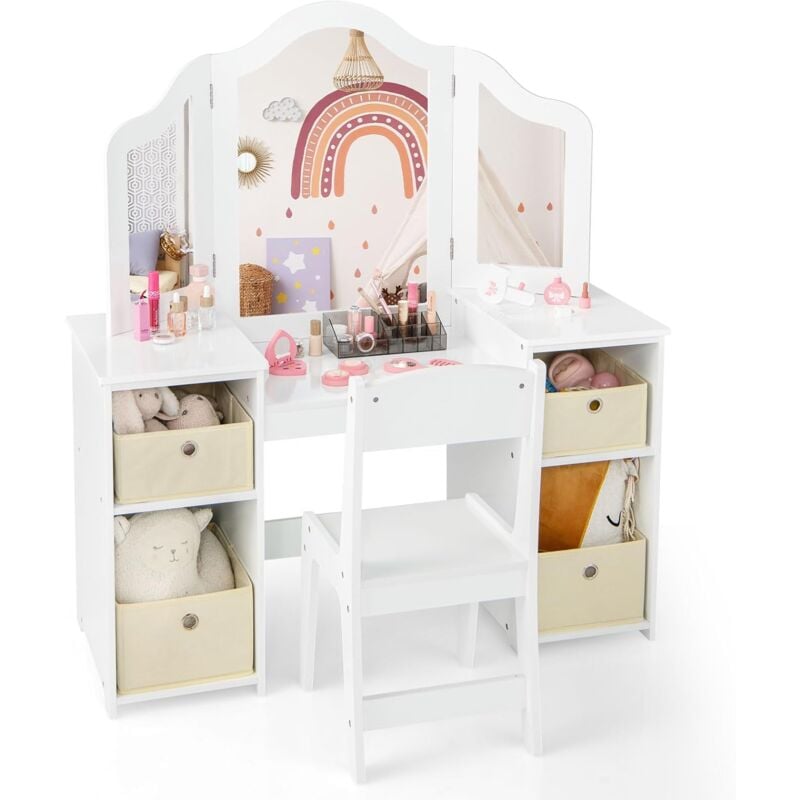 foto del prodotto costway toeletta trucco 2 in 1 per bambina, specchiera staccabile per ragazza in legno robusto con 4 cassetti in tessuto, sgabello e specchio,