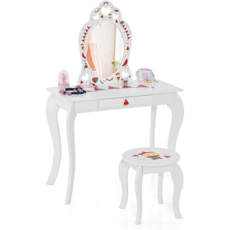 foto del prodotto costway toeletta trucco bambina e sgabello, tavolo da trucco per bambini 2 in 1 con specchio rimovibile e cassetto portaoggetti, 3 anni, bianco