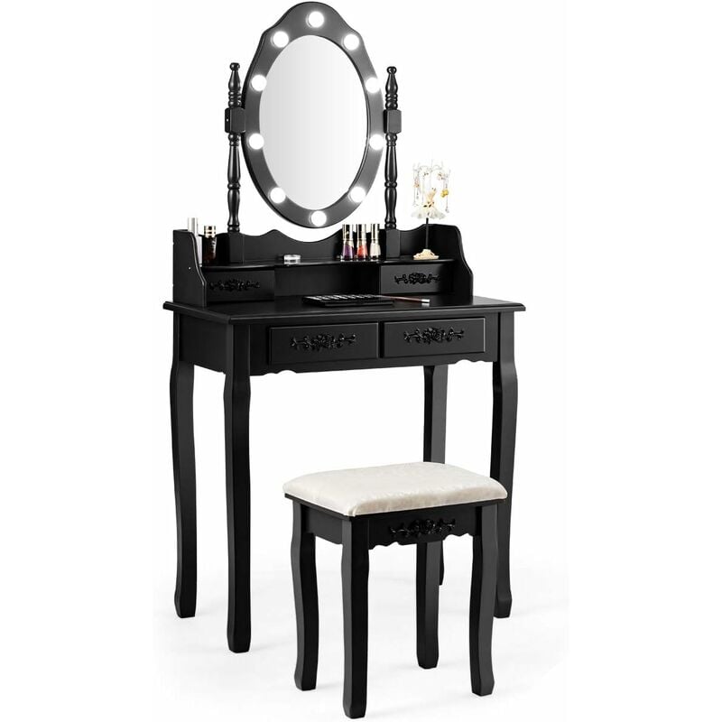 foto del prodotto costway toeletta trucco con specchio girevole, 10 luci led, luminosit regolabile, postazione trucco con sgabello e 4 cassetti, tavolo da trucco