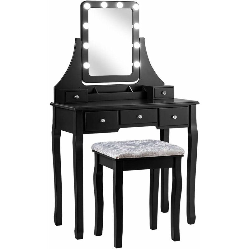 foto del prodotto costway toeletta trucco con specchio girevole a 360 e 10 luci led, postazione trucco con sgabello imbottito, 5 cassetti e organizzatori, tavolo da