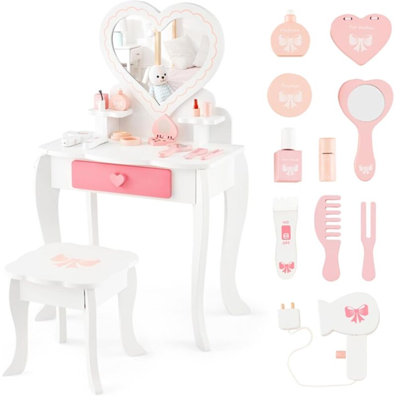 foto del prodotto costway toeletta trucco per bambina 2 in 1, set di tavolo trucco e sgabello per bambine con specchio rimovibile e cassetto, toeletta trucco per
