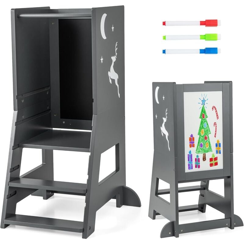 foto del prodotto costway torre per bambini 2 in 1, sgabello da cucina per bambini con 3 penne, lavagna bianca e nera, piattaforma e gradino regolabili, per bambini