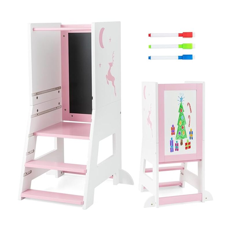 foto del prodotto costway torre per bambini 2 in 1, sgabello da cucina per bambini con lavagna, piattaforma e gradino regolabili, per bambini da 1 a 7 anni, capacit 