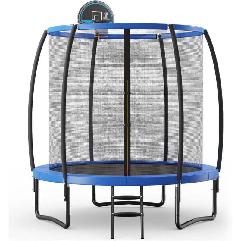 foto del prodotto costway trampolino elastico bambini 245 333 367 cm, tappeto elastico bambini da esterno con rete, anello da basket, cuscinetto e scaletta con 2