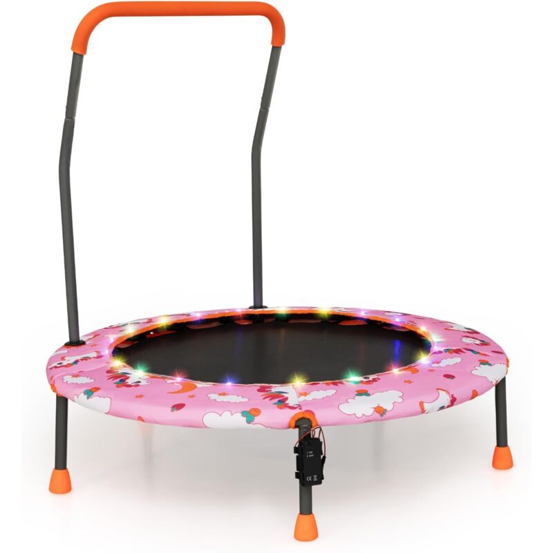 foto del prodotto costway trampolino per bambini da interno ed esterno, tappeto elasctico bambini 3 6 anni in acciaio con maniglia rimovibile, luci led, cuscinetti