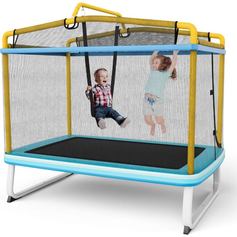 foto del prodotto costway trampolino rettangolare per bambini 3 in 1 190 x 124 cm, tappetto elastico per bambini da esterno ed interno con rete, altalena, barra,