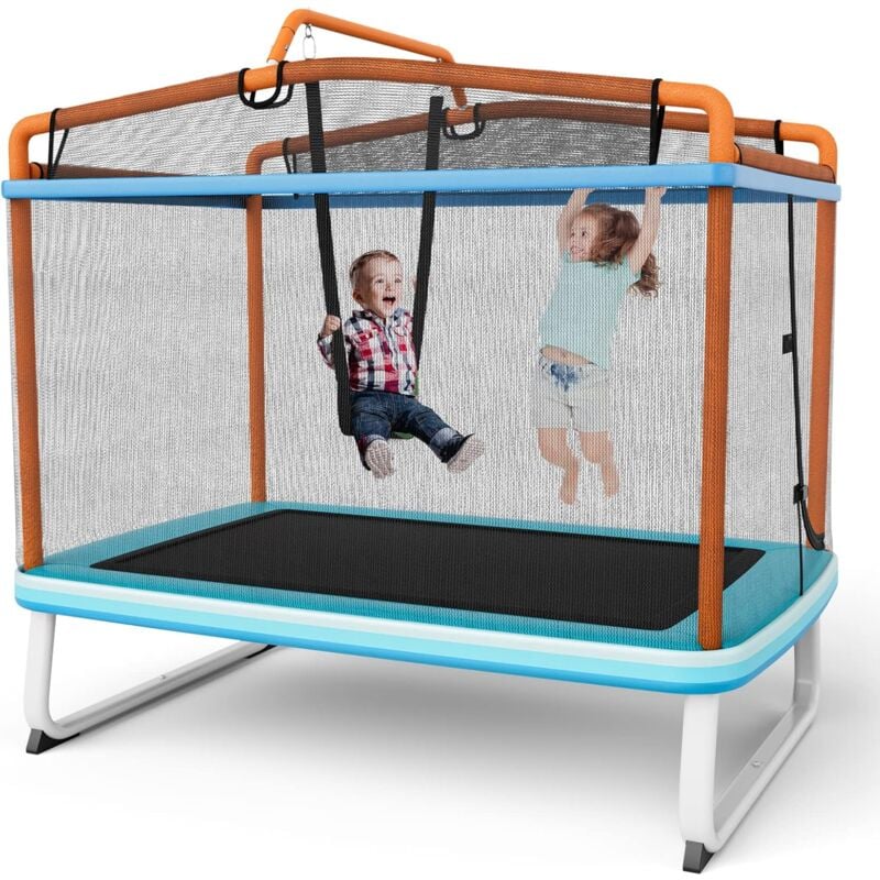 foto del prodotto costway trampolino rettangolare per bambini 3 in 1 190 x 124 cm, tappetto elastico per bambini da esterno ed interno con rete, altalena, barra,