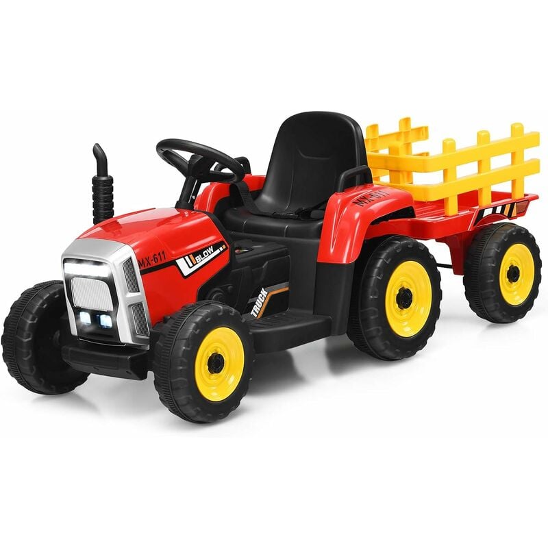 foto del prodotto costway trattore con rimorchio cavalcabile per bambini 12v, trattore elettrico telecomandato, con luci e suoni, 30kg, 3 anni rosso 