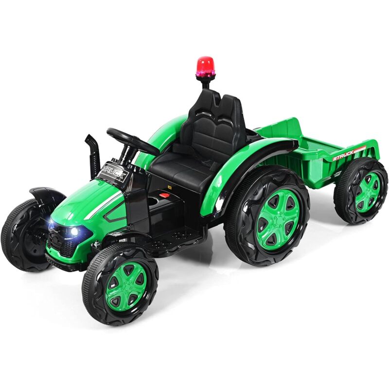 foto del prodotto costway trattore elettrico per bambini con rimorchio, trattore giocattolo con rimorchio per bambini 3 8 anni, con telecomando e cintura di