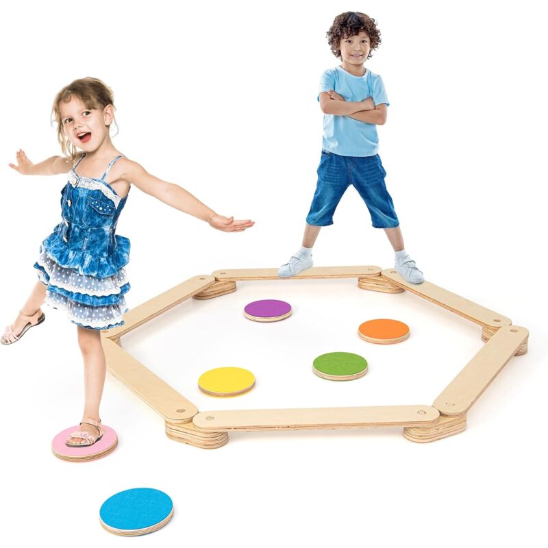 foto del prodotto costway trave equilibrio in legno, pietre miliari per bambini, trave da ginnastica in legno per interni e esterni, ideale per bambini dai 3 ai 7