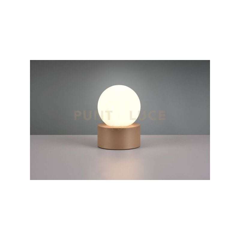 foto del prodotto countess lampada da tavolo base metallo effetto legno e vetro sfera bianco accensione touch h. 17cm 1 luce attacco e14