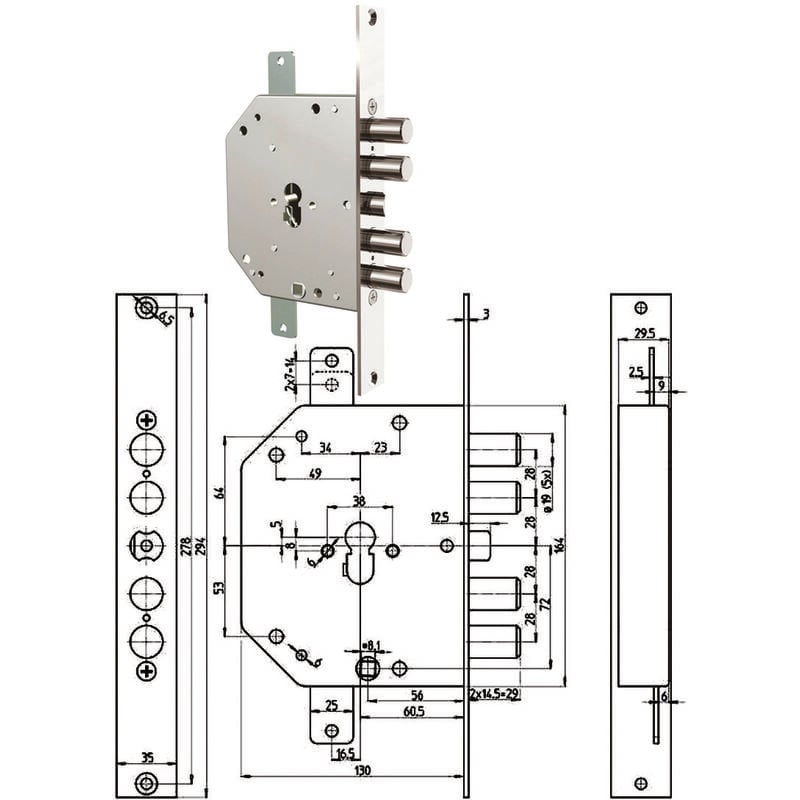 foto del prodotto cr serratura triplice infil. c s occo cil. eu. clever blindate 2151 pe mm.60 dx 2151pen 01ncl fl 