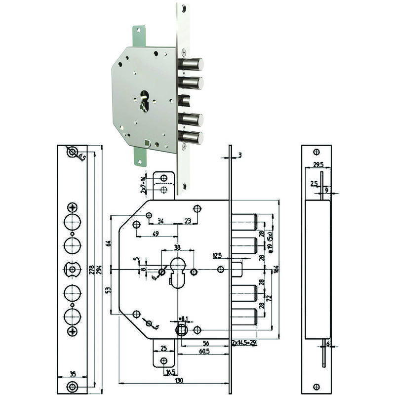 foto del prodotto cr serratura triplice infil. c s occo cil. eu. clever blindate 2151 pe mm.60 sx 2151pen 11ncl fl 
