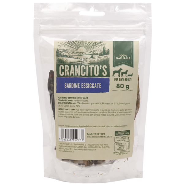 foto del prodotto crancito s sardine essiccate snack per cani 80 gr 1 ordine scegli lo sconto bzr5 bzr20 200 punti fedelt 