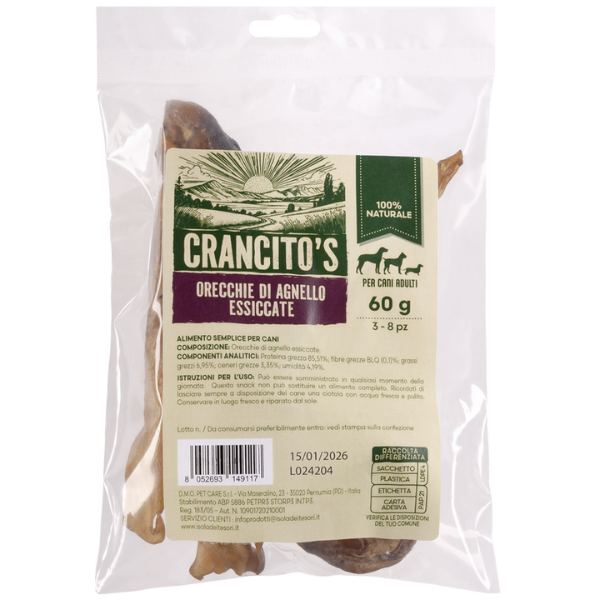 foto del prodotto crancito s snack naturale dog adult orecchie di agnello 60 gr 1 ordine scegli lo sconto bzr5 bzr20 200 punti fedelt 