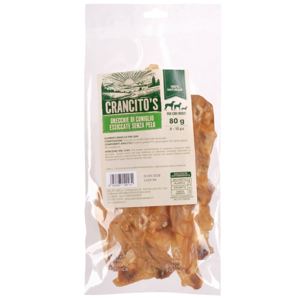 foto del prodotto crancito s snack naturale dog adult orecchie di coniglio senza pelo 80 gr 1 ordine scegli lo sconto bzr5 bzr20 200 punti fedelt 