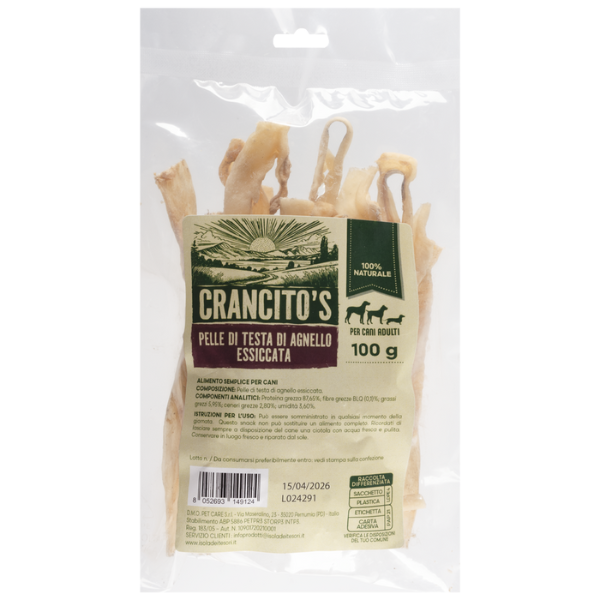 foto del prodotto crancito s snack naturale dog adult pelle di testa di agnello scadenza 30 09 2025 100 gr 1 ordine scegli lo sconto bzr5 bzr20 200 punti fedelt 