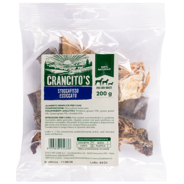 foto del prodotto crancito s snack naturale per cani adult stoccafisso essiccato 200gr 1 ordine scegli lo sconto bzr5 bzr20 200 punti fedelt 
