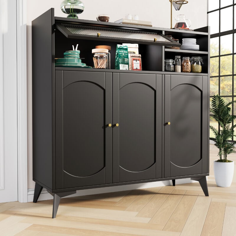 foto del prodotto credenza 120 x 39,8 x 118,5 cm , credenza nera moderna e semplice, ampio spazio di archiviazione, con anta in vetro e maniglia dorata, mobile