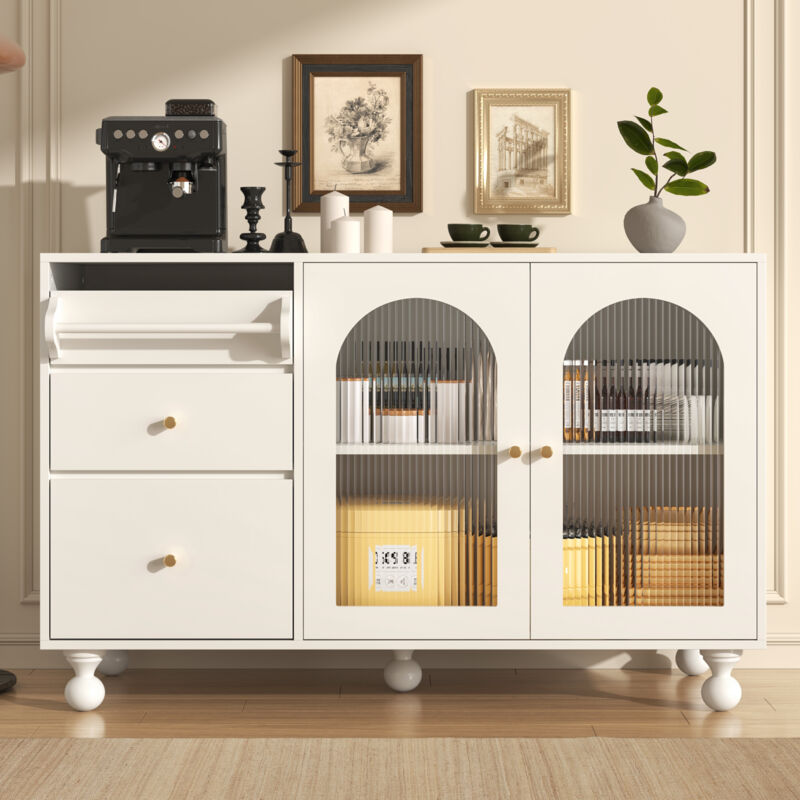 foto del prodotto credenza 120x40x75,5 cm, mobile contenitore con ante in vetro e portasciugamani, cassettiera, mdf, bianco