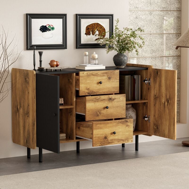 foto del prodotto credenza 120x40x75cm, cassettiera 2 ante e 3 cassetti, nero e legno, nero naturale