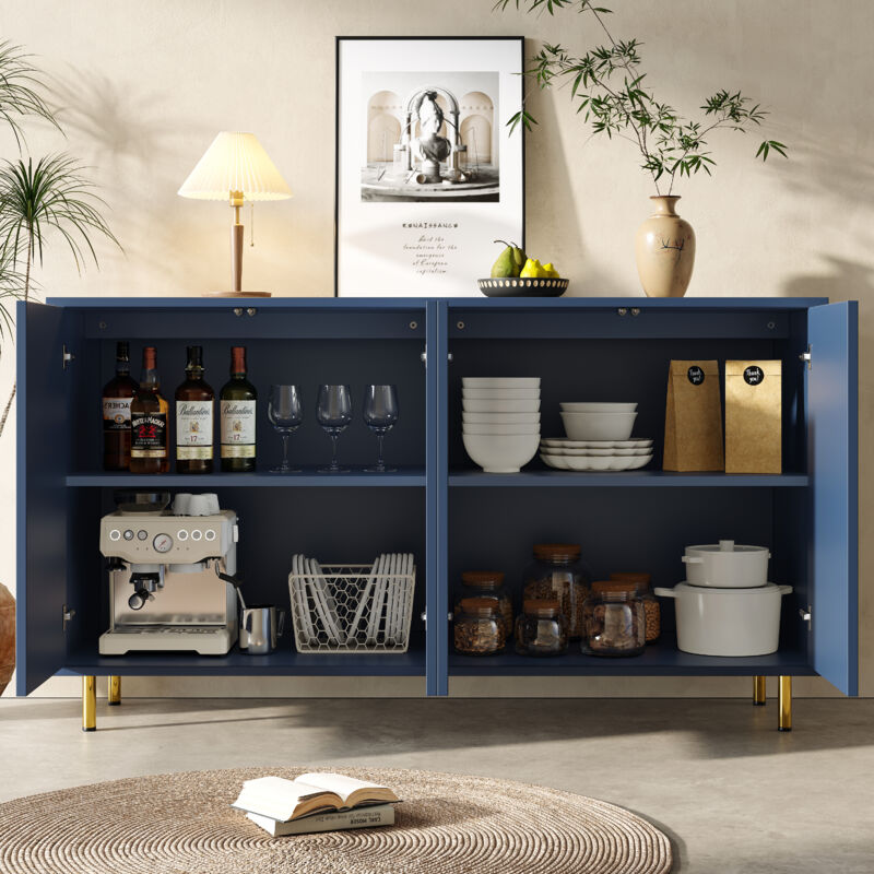 foto del prodotto credenza 140 40 85,9cm, mobile contenitore con anta dal design unico, gambe in metallo blu