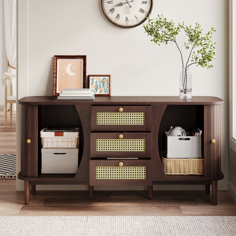 foto del prodotto credenza 140,5x40x76 cm, mobile tv, mobile con 3 cassetti, 2 ante scorrevoli, marrone
