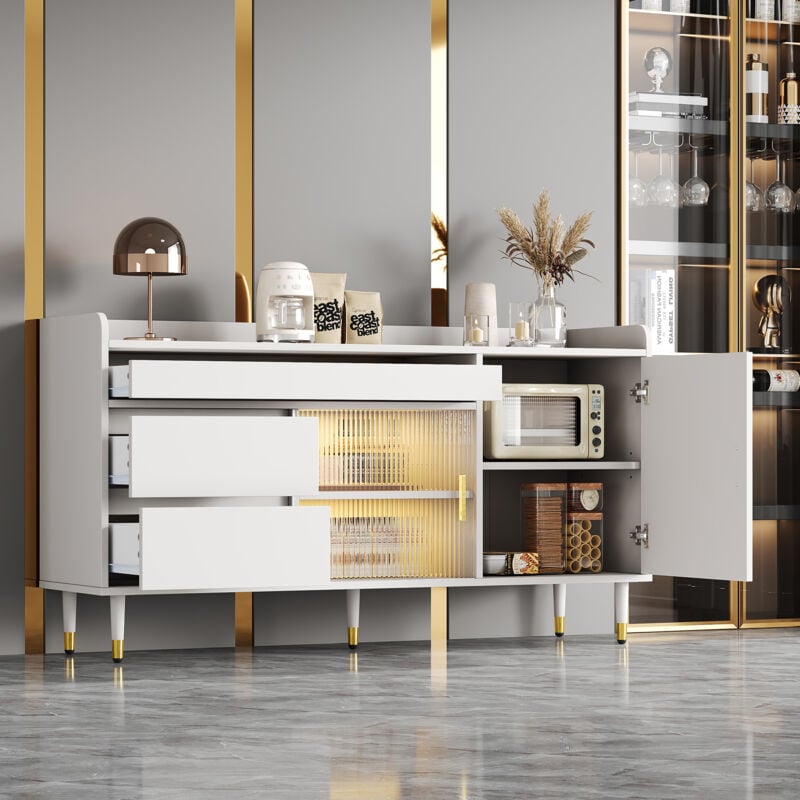 foto del prodotto credenza 140x38x76 con 3 cassetti e anta scorrevole in vetro, cassettiera, led, gambe dorate, truciolare, bianco