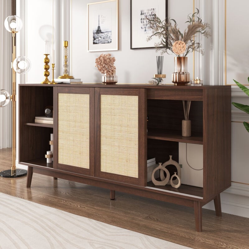 foto del prodotto credenza 155x38x80 cm, mobile porta tv, mobile contenitore, 3 ante scorrevoli in rattan e 2 cassetti, legno, marrone