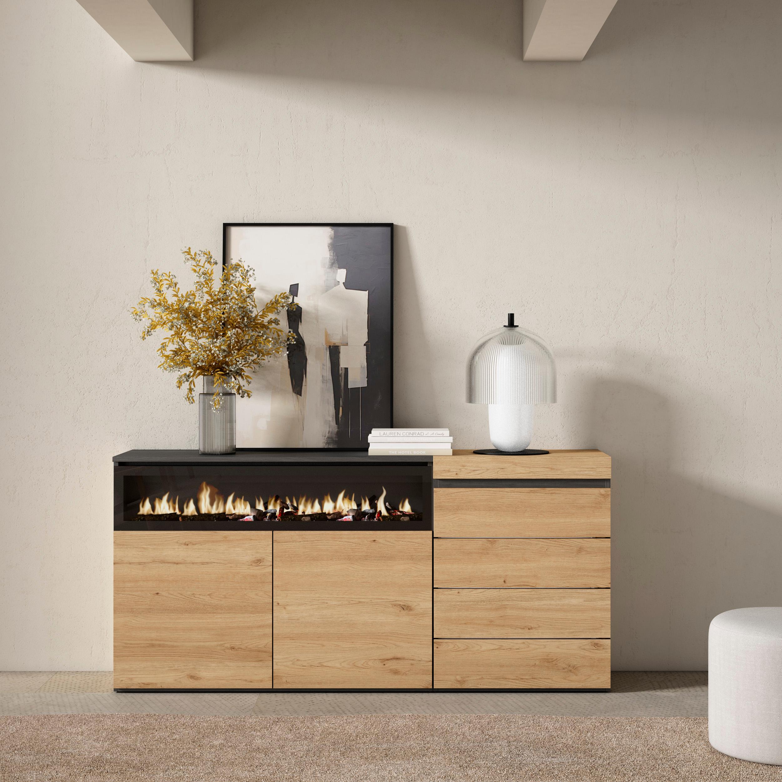 foto del prodotto credenza, 157x35x75cm, camera da letto, camino elettrico, cassettiera, colore rovere rf3410