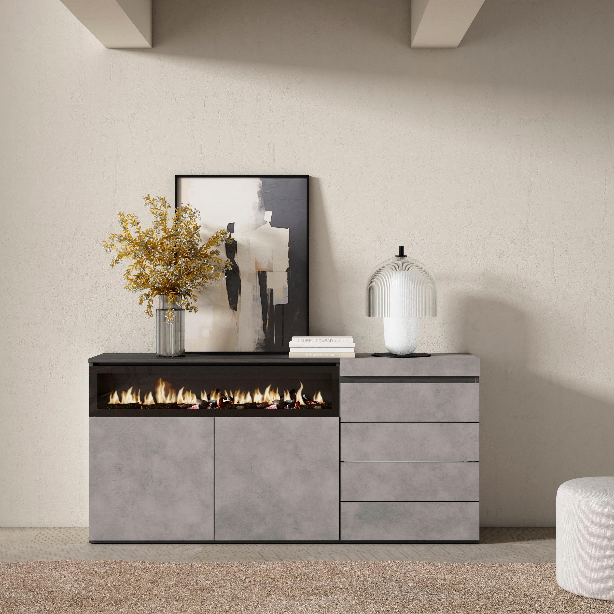 foto del prodotto credenza, 157x35x75cm, camera da letto, camino elettrico, cassettiera, grigio cemento rf3406