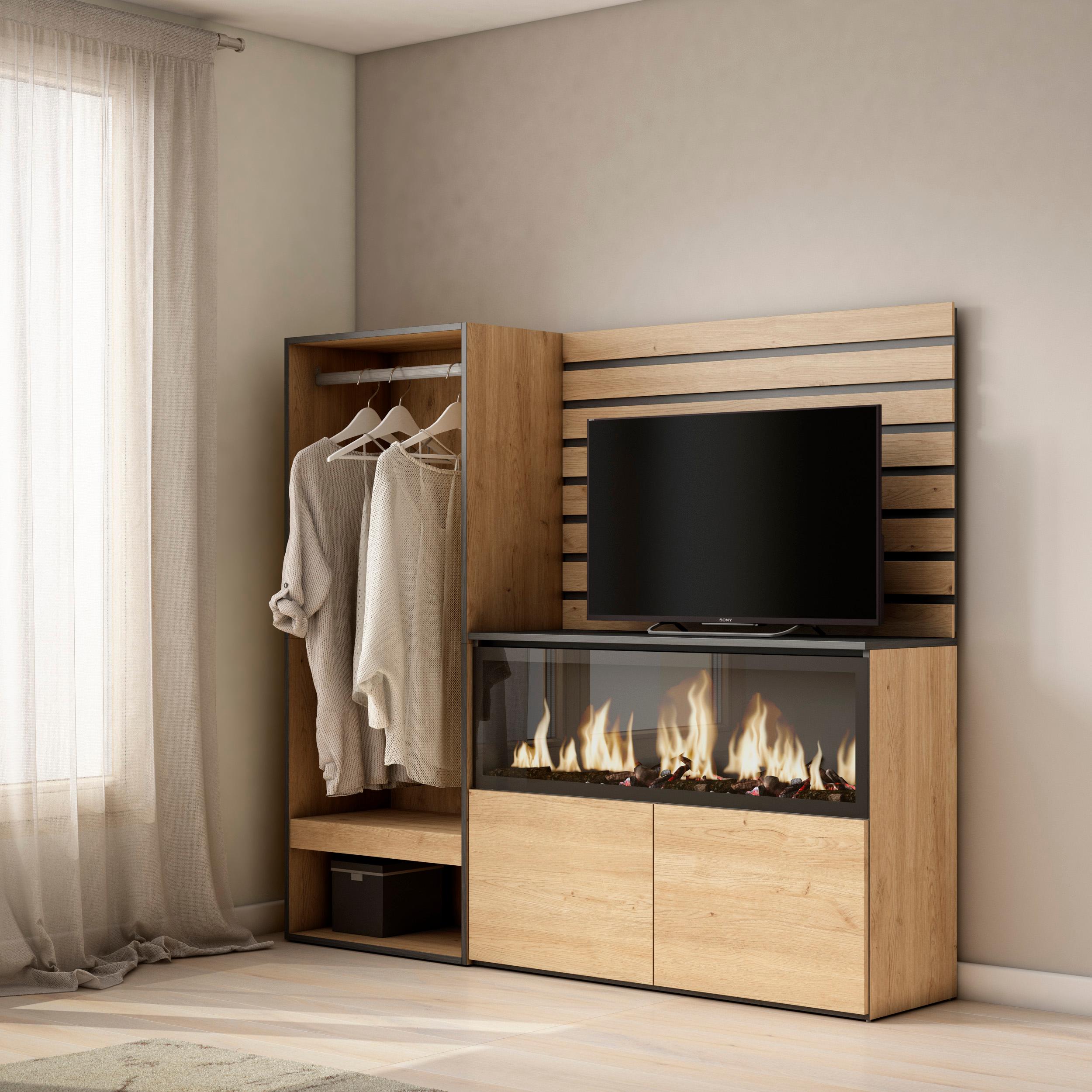 foto del prodotto credenza, 167x35x145cm, camera da letto, camino elettrico xxl, armadio aperto, colore rovere rf3396