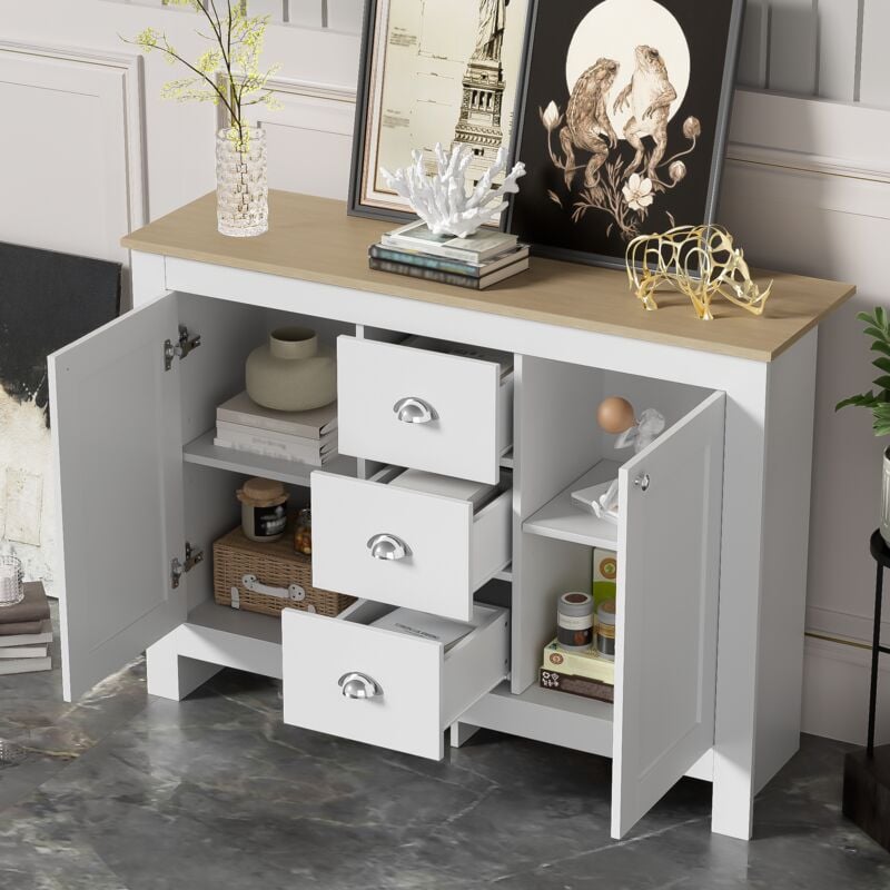 foto del prodotto credenza, 2 ante 3 cassetti maniglie argento, ripiani regolabili, 116x35x81cm, bianco naturale