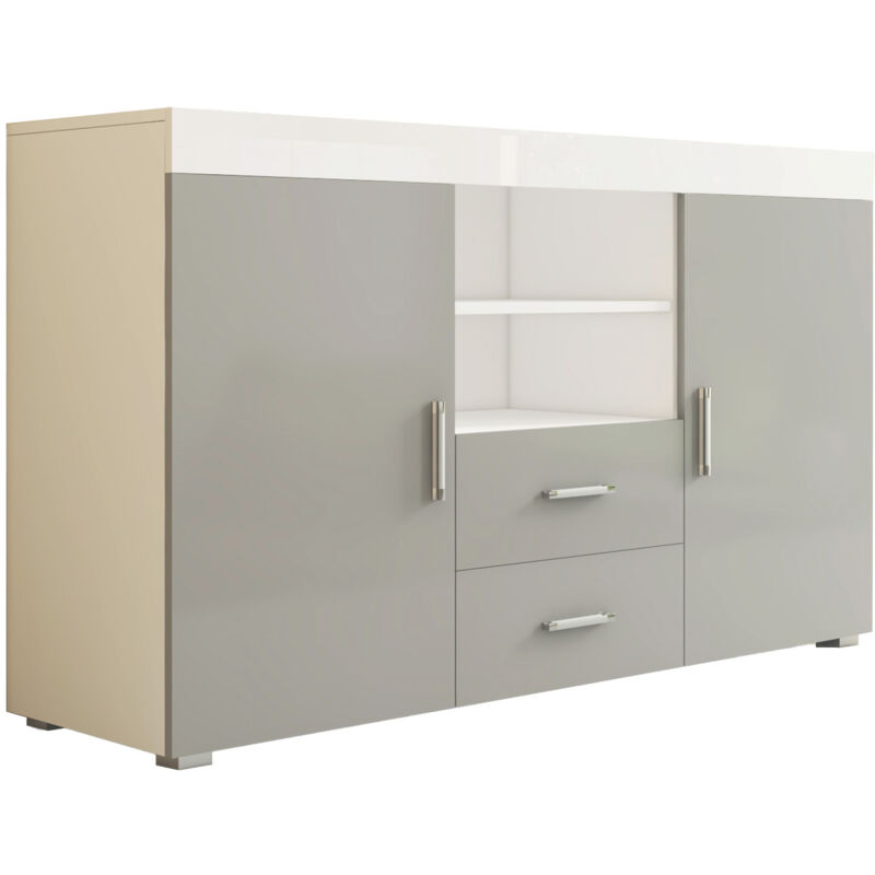foto del prodotto credenza 2 ante e 2 cassetti madia moderna mobile sala da pranzo 140x80x40cm modello roque bianco e grigio finitura lucida