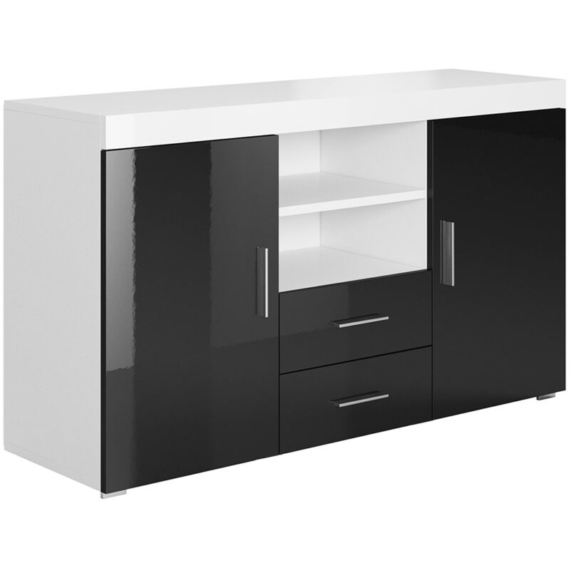 foto del prodotto credenza 2 ante e 2 cassetti madia moderna mobile sala da pranzo 140x80x40cm modello roque bianco e nero finitura lucida