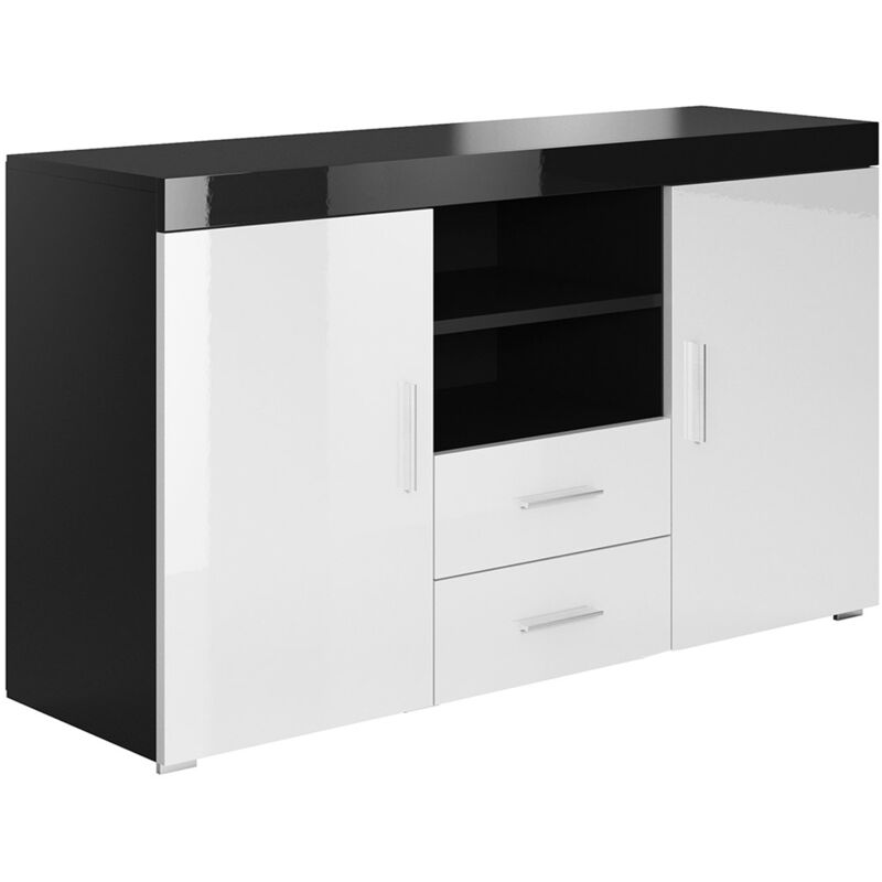 foto del prodotto credenza 2 ante e 2 cassetti madia moderna mobile sala da pranzo 140x80x40cm modello roque nero e bianco finitura lucida
