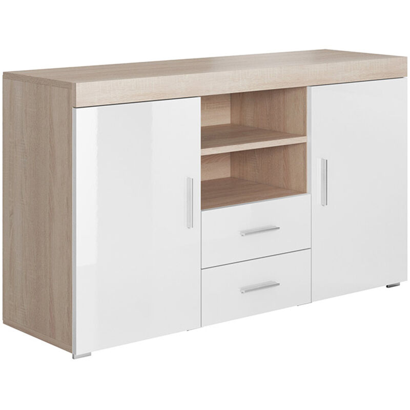 foto del prodotto credenza 2 ante e 2 cassetti madia moderna mobile sala da pranzo 140x80x40cm modello roque sonoma opaco e bianco finitura lucida