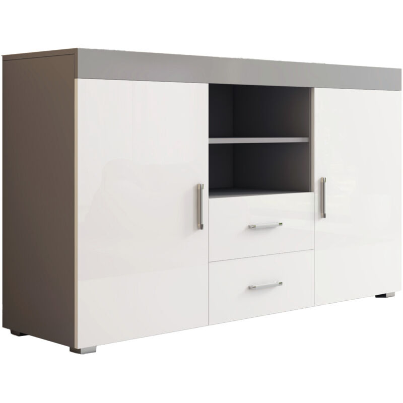 foto del prodotto credenza 2 ante e 2 cassetti madia moderna mobiletto sala da pranza buffet 140x80x40cm modello roque grigio e bianco finitura lucida