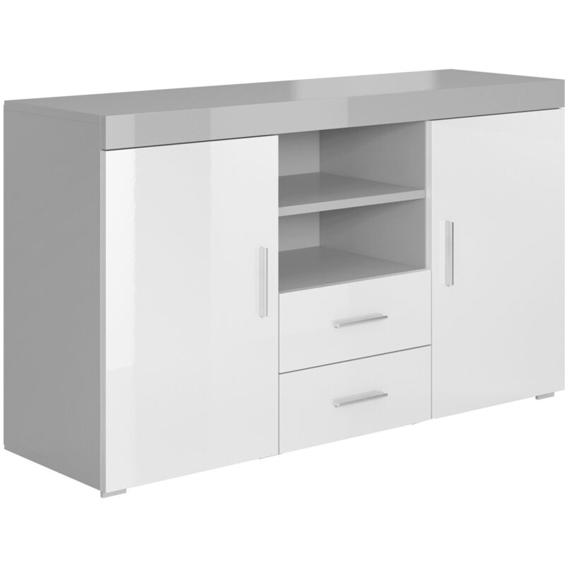 foto del prodotto credenza 2 ante e 2 cassetti madia moderna mobiletto sala da pranza buffet cucina 140x80x40cm modello roque grigio e bianco finitura lucida
