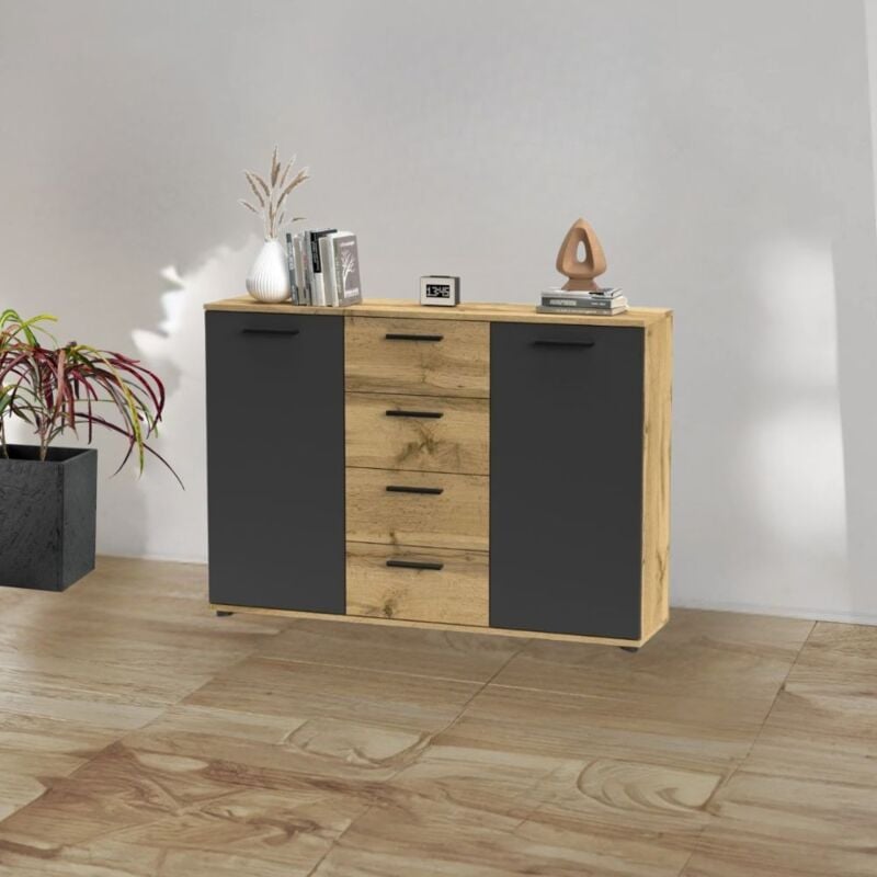 foto del prodotto credenza 2 ante e 4 cassetti rovere e antracite berno4 120,2x32,5x85,3h