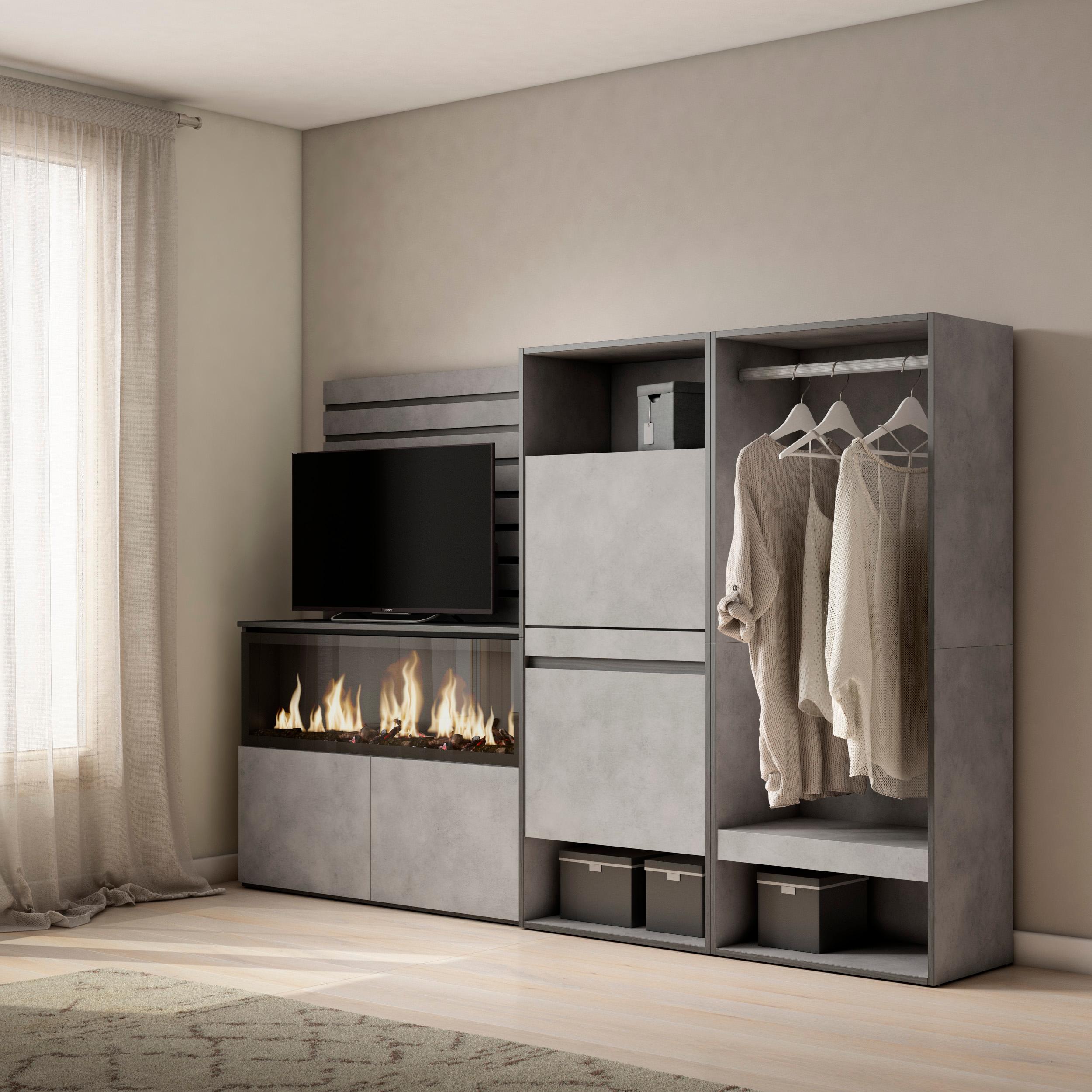 foto del prodotto credenza, 227x35x145cm, camera da letto, camino elettrico xxl, scarpiera, armadio aperto, grigio cemento rf3392