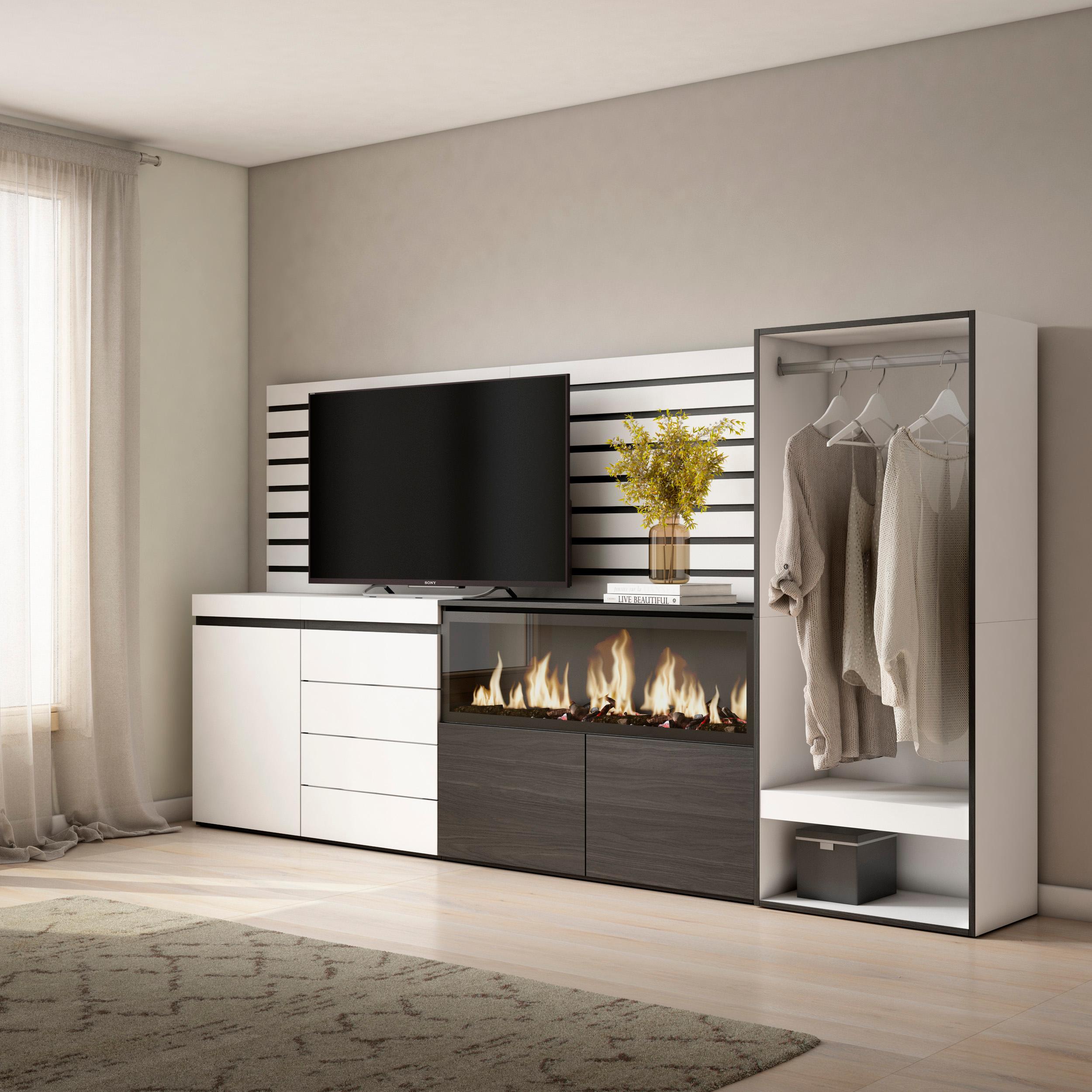 foto del prodotto credenza, 274x35x145cm, camera da letto, camino elettrico xxl, cassettiera, armadio aperto, bianco rf3387